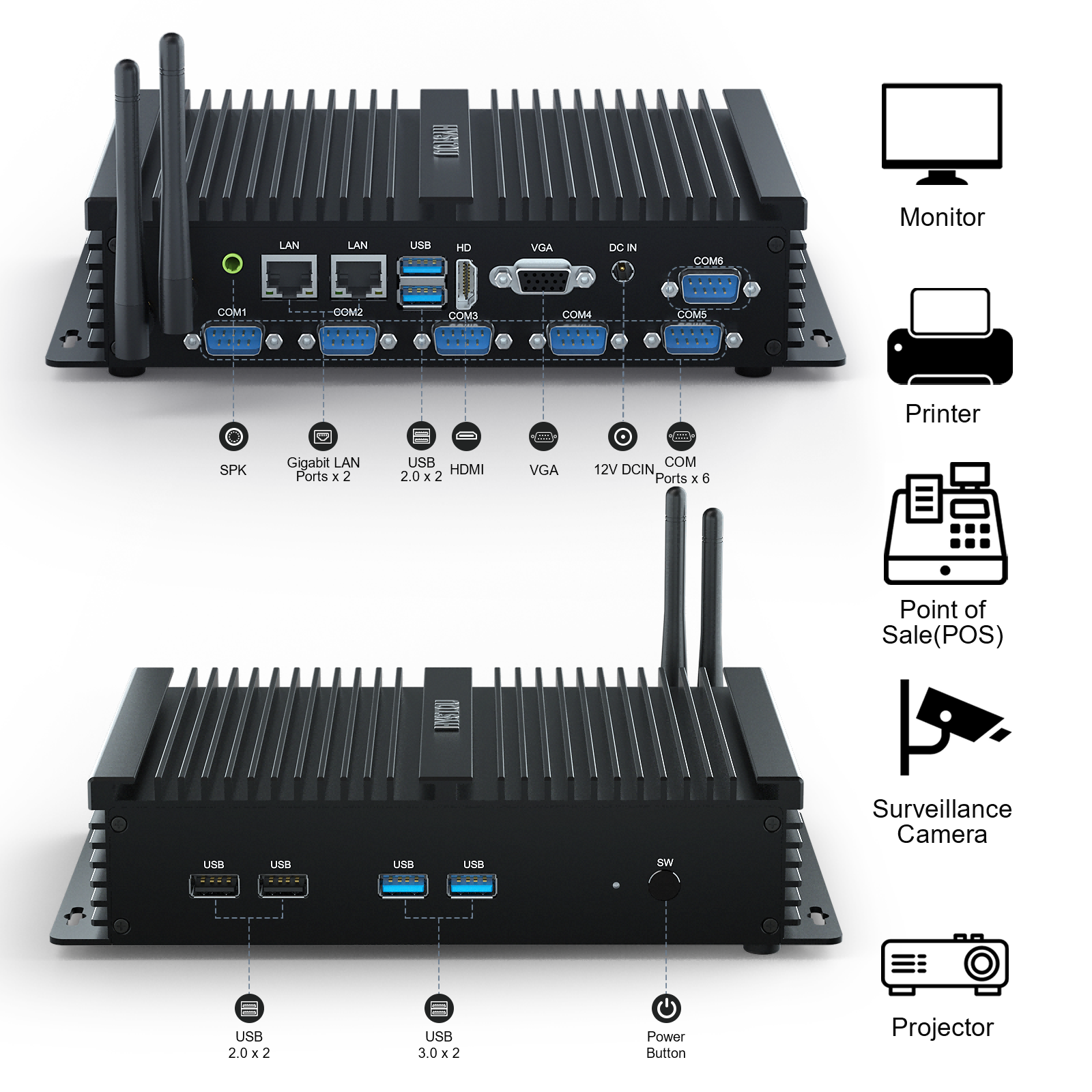 HYSTOU K4 Fanless Industrial PC - 6 COM Ports & Dual Display