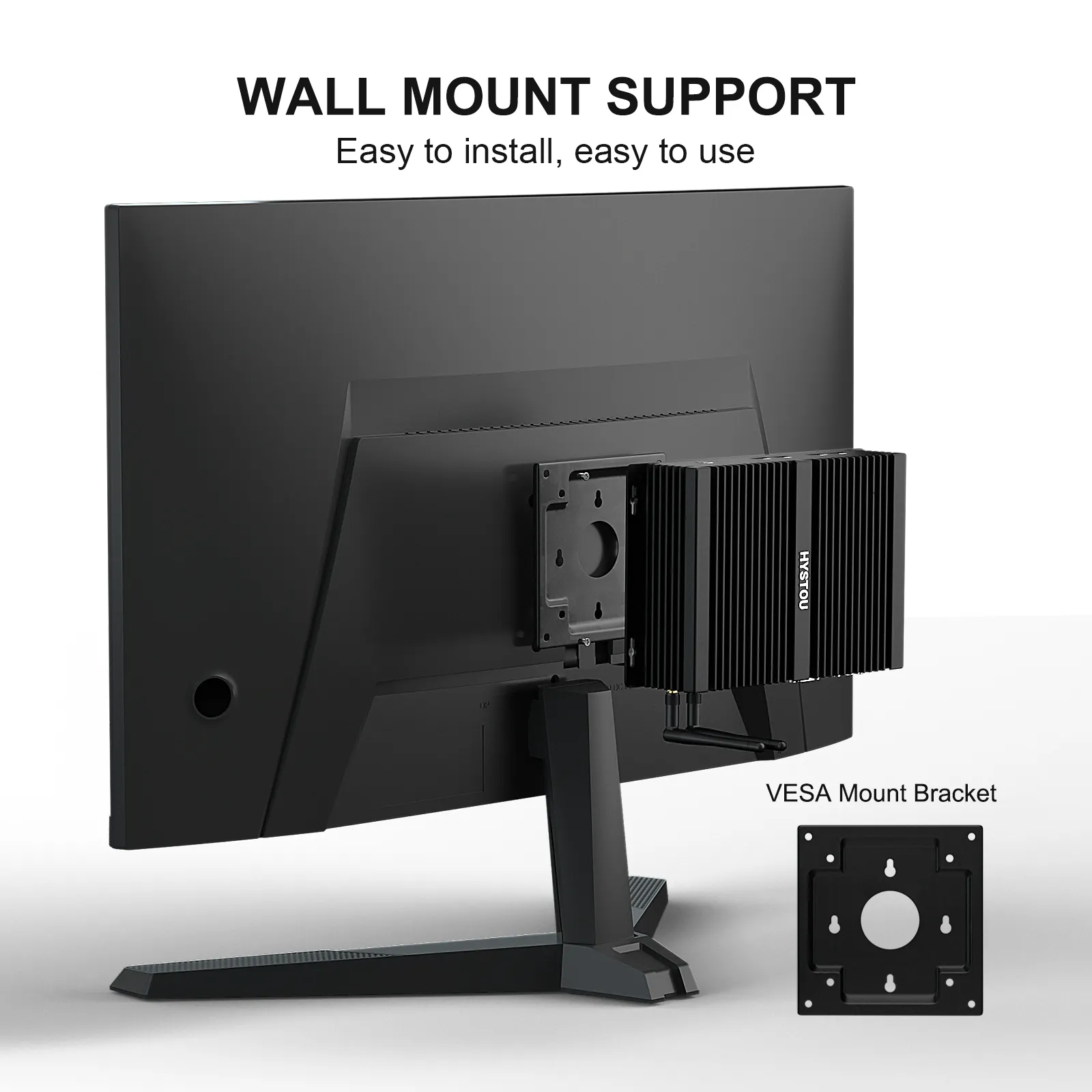 VESA mount bracket support for mounting fanless industrial mini PC to the back of a monitor.