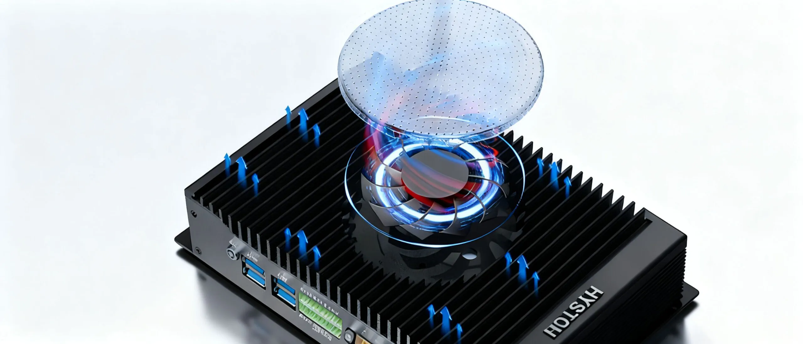 3D illustration of the HYSTOU H6 Fan active cooling system, showing blue airflow arrows passing through the transparent fan cover and heatsink fins, demonstrating efficient heat dissipation and thermal management.
