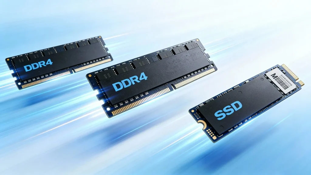 High-speed upgrade components for the HYSTOU H6 Fan: two DDR4 memory sticks and an M.2 SSD on a dynamic blue background, representing its storage and memory expansion capabilities.