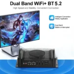 HYSTOU H6 Fan mini PC highlighting its high-speed and stable Dual Band WiFi plus BT 5.2 connectivity, connected to a gaming monitor with antennas attached.