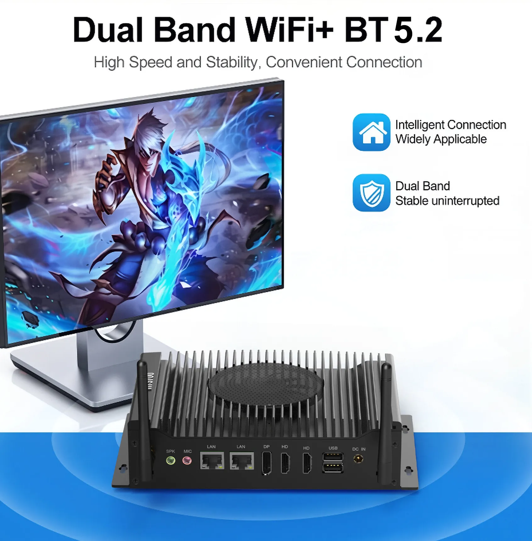 HYSTOU H6 Fan mini PC highlighting its high-speed and stable Dual Band WiFi plus BT 5.2 connectivity, connected to a gaming monitor with antennas attached.