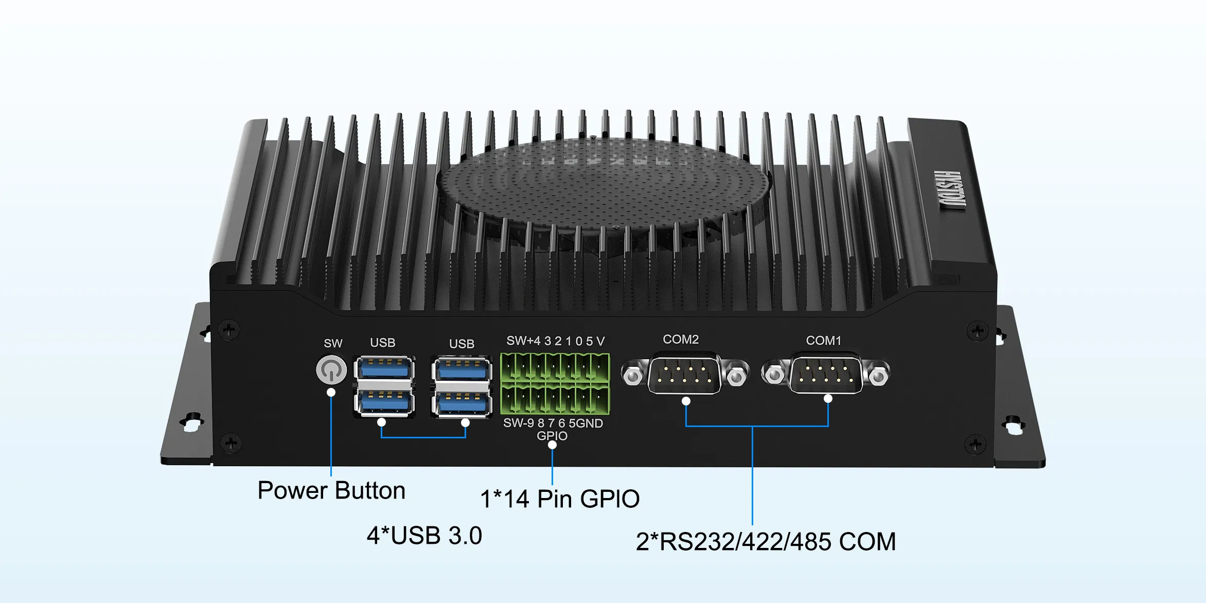 Front panel close-up of the HYSTOU H6 Fan featuring a 12V 5A DC input, USB 2.0 ports, dual 4K HD, DP, dual LAN, and audio jacks.
