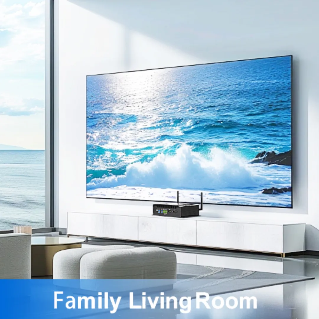 HYSTOU H6 Fan mini PC placed in a family living room, connected to a large wall-mounted TV displaying a scenic ocean view, acting as a home theater system.