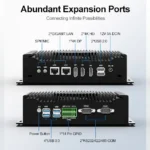 Front and rear view of the HYSTOU H6 Fan mini PC showing all interfaces, including SPK/MIC, dual Gigabit LAN, 4K DP, dual 4K HD, USB 2.0/3.0, 14-pin GPIO, and RS232/422/485 COM ports.