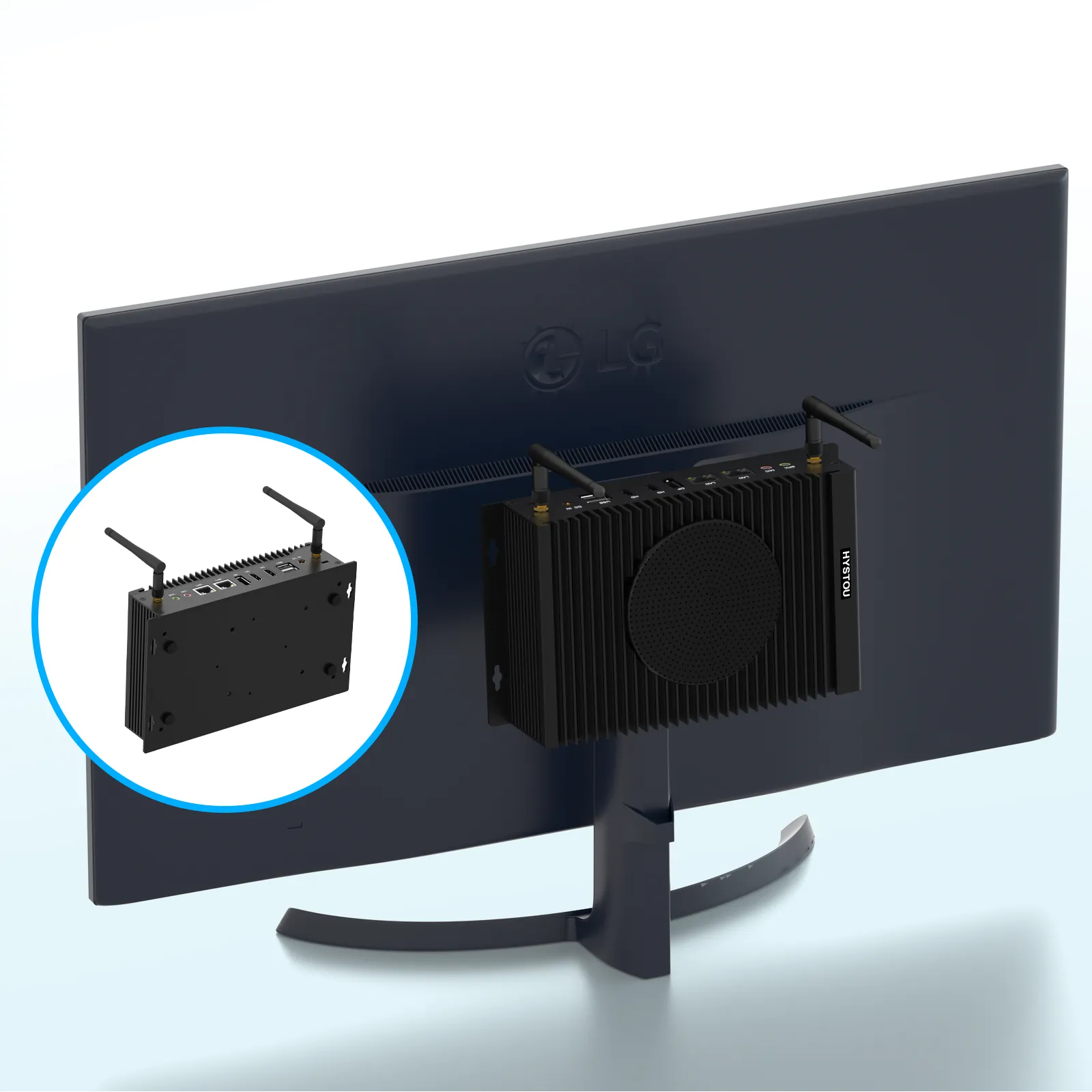 HYSTOU H6 Fan mini PC mounted on the back of an LG monitor with dual antennas, showcasing a space-saving and clean industrial desktop setup.