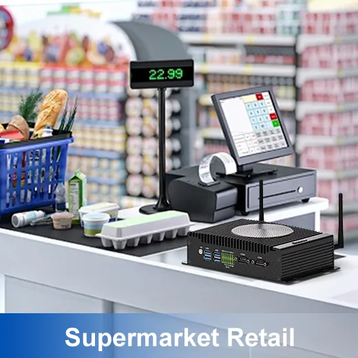 HYSTOU H6 Fan mini PC used as a supermarket retail POS system, connected to a cashier screen, customer price display, and receipt printer in a grocery store.