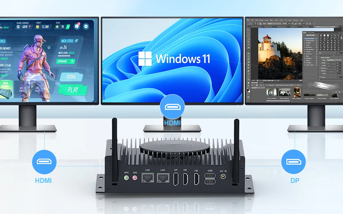 HYSTOU H6 Fan mini PC powering a triple monitor setup running Windows 11, showing a game, photo editing software, and a dashboard, highlighting its multi-display capacity via HDMI and DP ports.