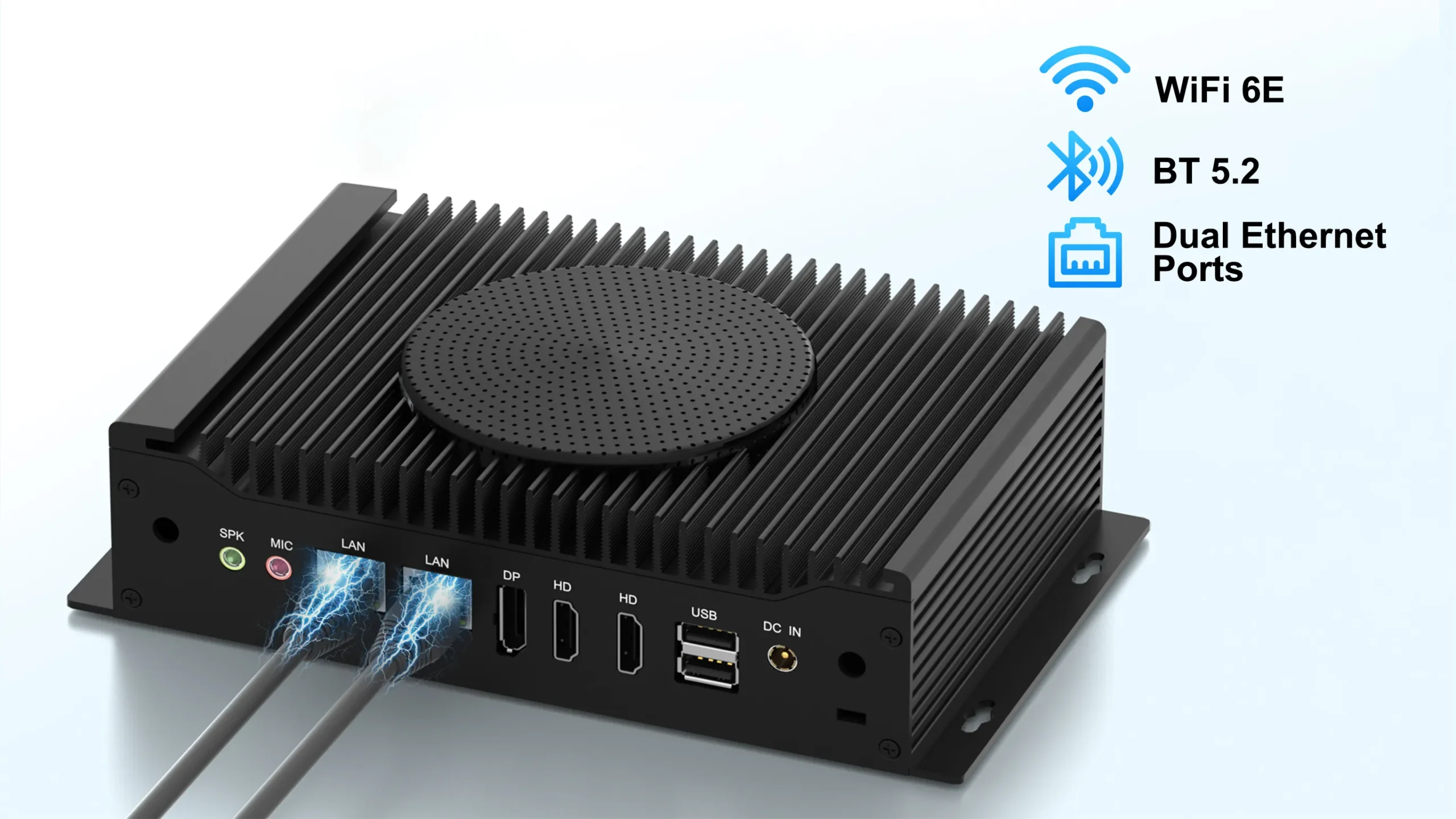 Close-up of the HYSTOU H6 Fan highlighting its network capabilities: WiFi 6E, BT 5.2, and dual Gigabit Ethernet ports for fast and reliable wired/wireless connections.