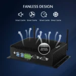 HYSTOU H6 mini PC featuring a fanless design with an aluminum alloy classic chassis and passive cooling fins, showing upward heat dissipation, silent operation, and 24/7 running capability