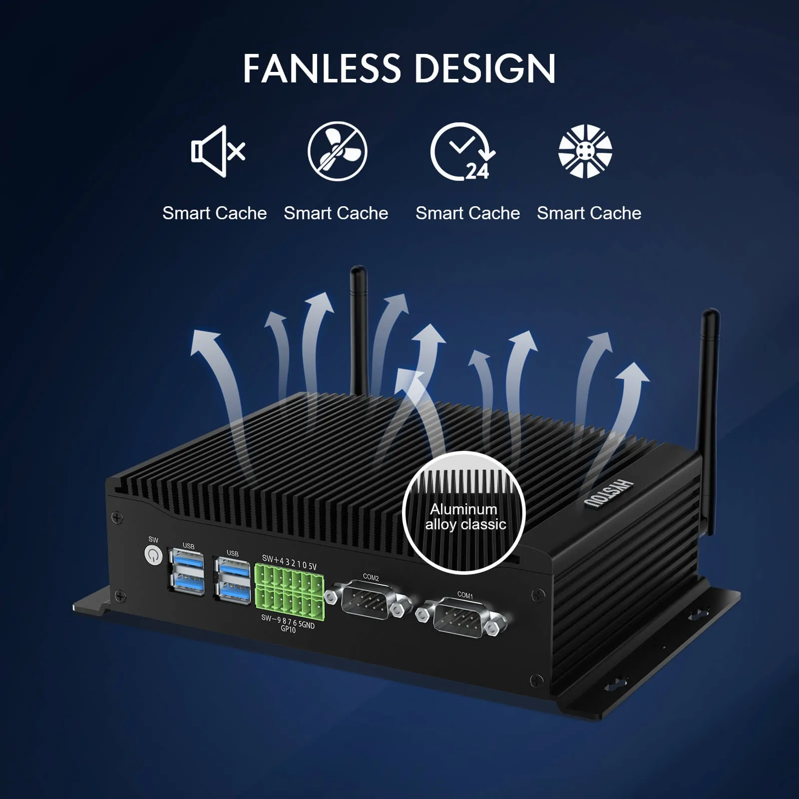 HYSTOU H6 mini PC featuring a fanless design with an aluminum alloy classic chassis and passive cooling fins, showing upward heat dissipation, silent operation, and 24/7 running capability