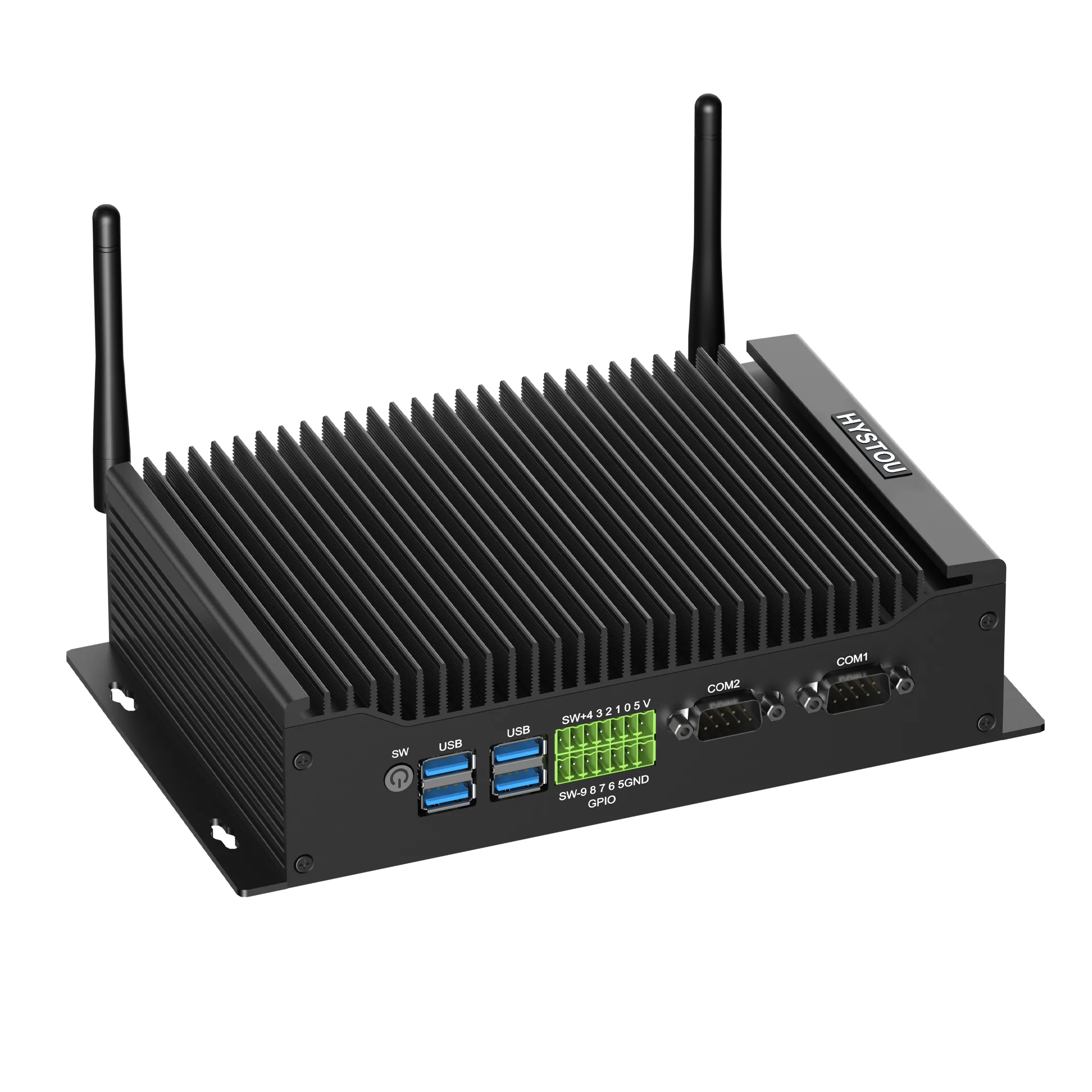 Front-angle view of the HYSTOU H6 fanless mini PC on a white background, highlighting the heat sink fins, dual antennas, USB ports, GPIO, and COM ports.