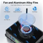3D illustration of the HYSTOU H6 Fan active cooling system, showing blue airflow arrows passing through the transparent fan cover and heatsink fins, demonstrating efficient heat dissipation and thermal management.