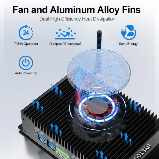 3D illustration of the HYSTOU H6 Fan active cooling system, showing blue airflow arrows passing through the transparent fan cover and heatsink fins, demonstrating efficient heat dissipation and thermal management.