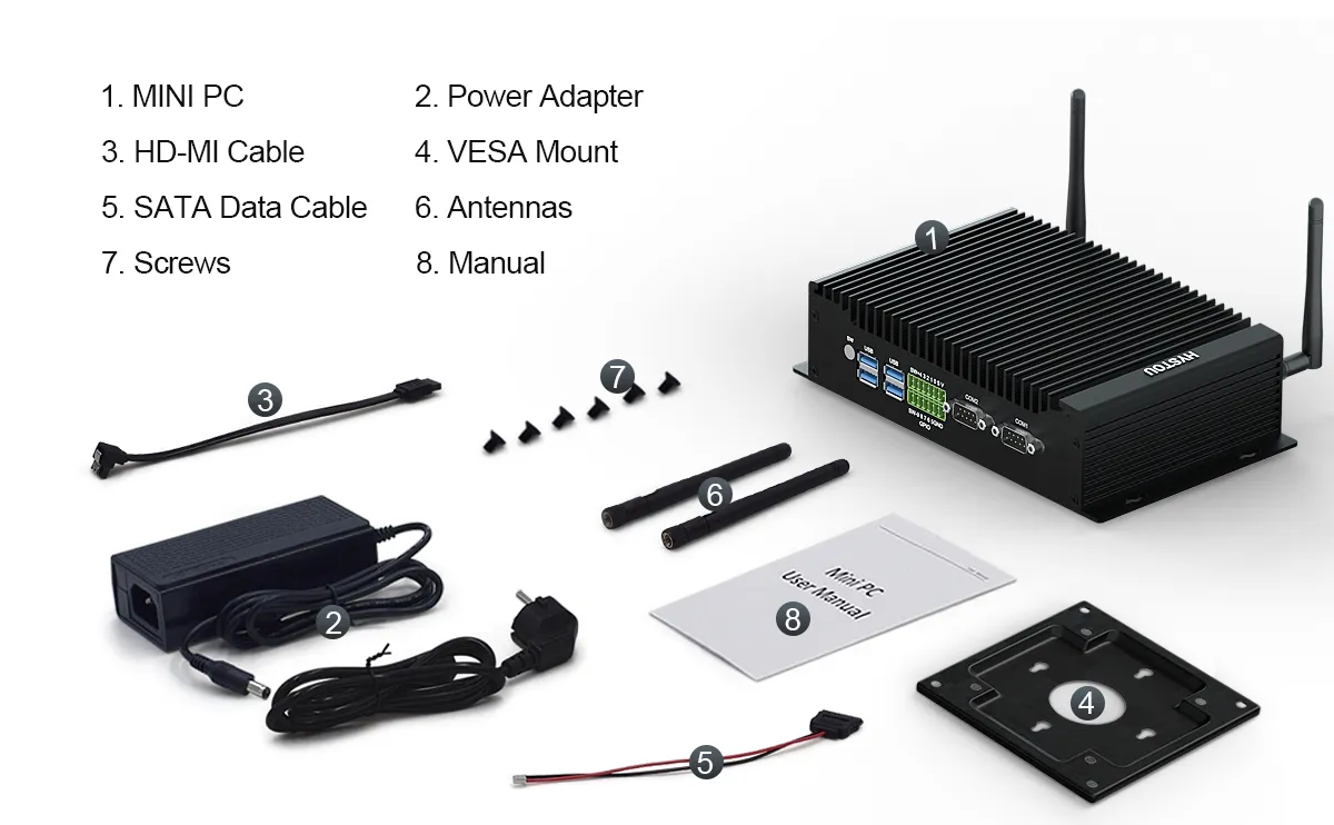 Complete package contents of the HYSTOU H6 fanless mini PC, including the mini PC unit, power adapter, HDMI cable, VESA mount, SATA data cable, Wi-Fi antennas, screws, and user manual.