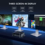 HYSTOU H6 mini PC supporting triple-screen 4K display via HDMI 2.0, HDMI 1.4, and DP 1.2 ports, demonstrating seamless multitasking for gaming, entertainment, and business use