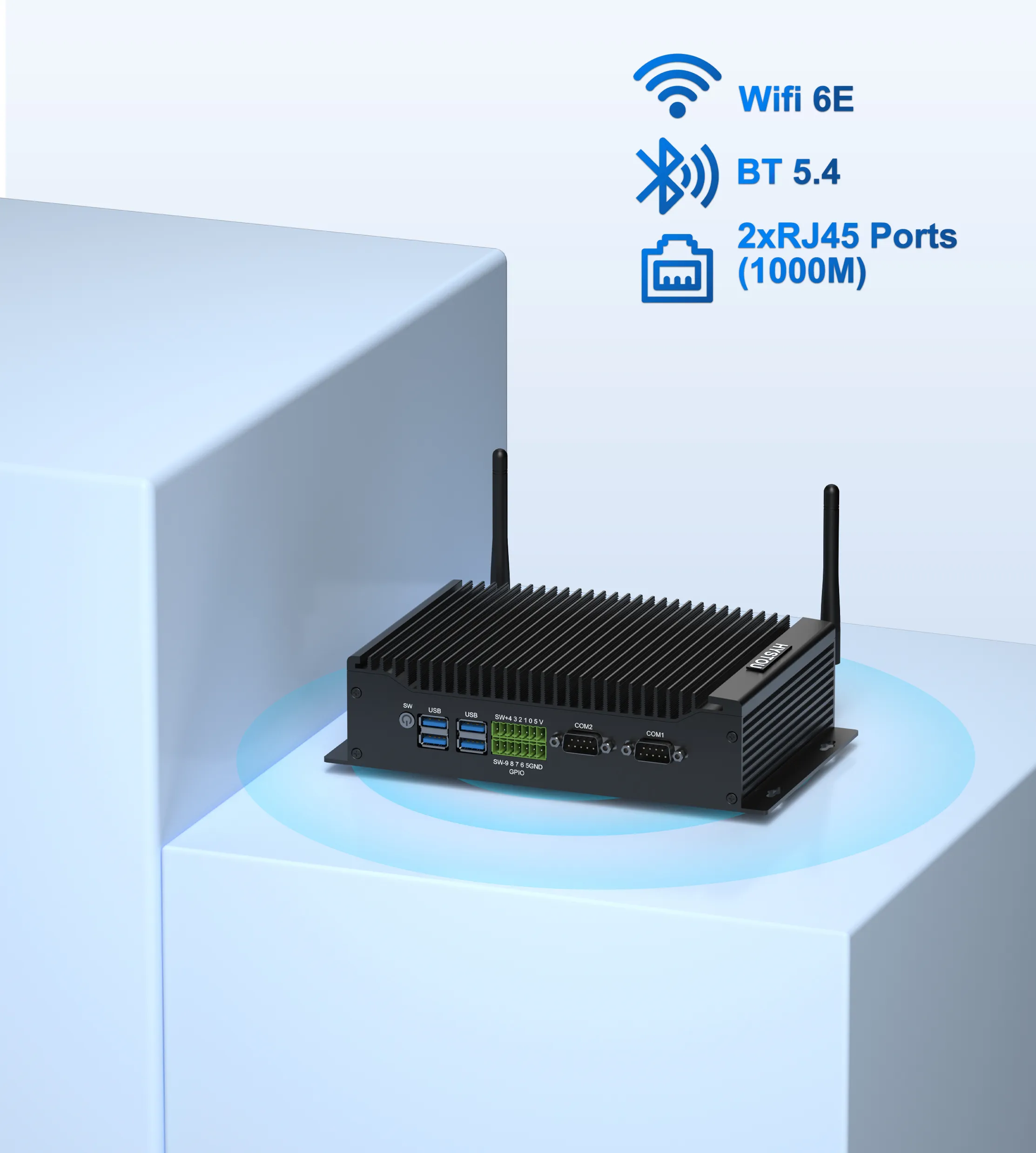 HYSTOU H6 fanless mini PC featuring advanced wireless connectivity with Wi-Fi 6E, Bluetooth 5.4, and dual RJ45 Gigabit Ethernet ports (1000M), visualized with a blue network signal.