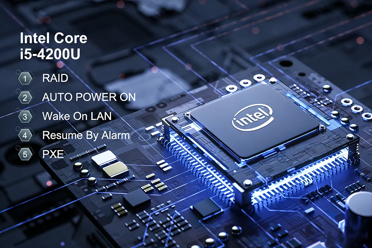 Hystou K4 industrial mini PC powered by Intel Core i5-4200U processor, featuring advanced industrial functions including RAID, Auto Power On, Wake On LAN, Resume By Alarm, and PXE boot.