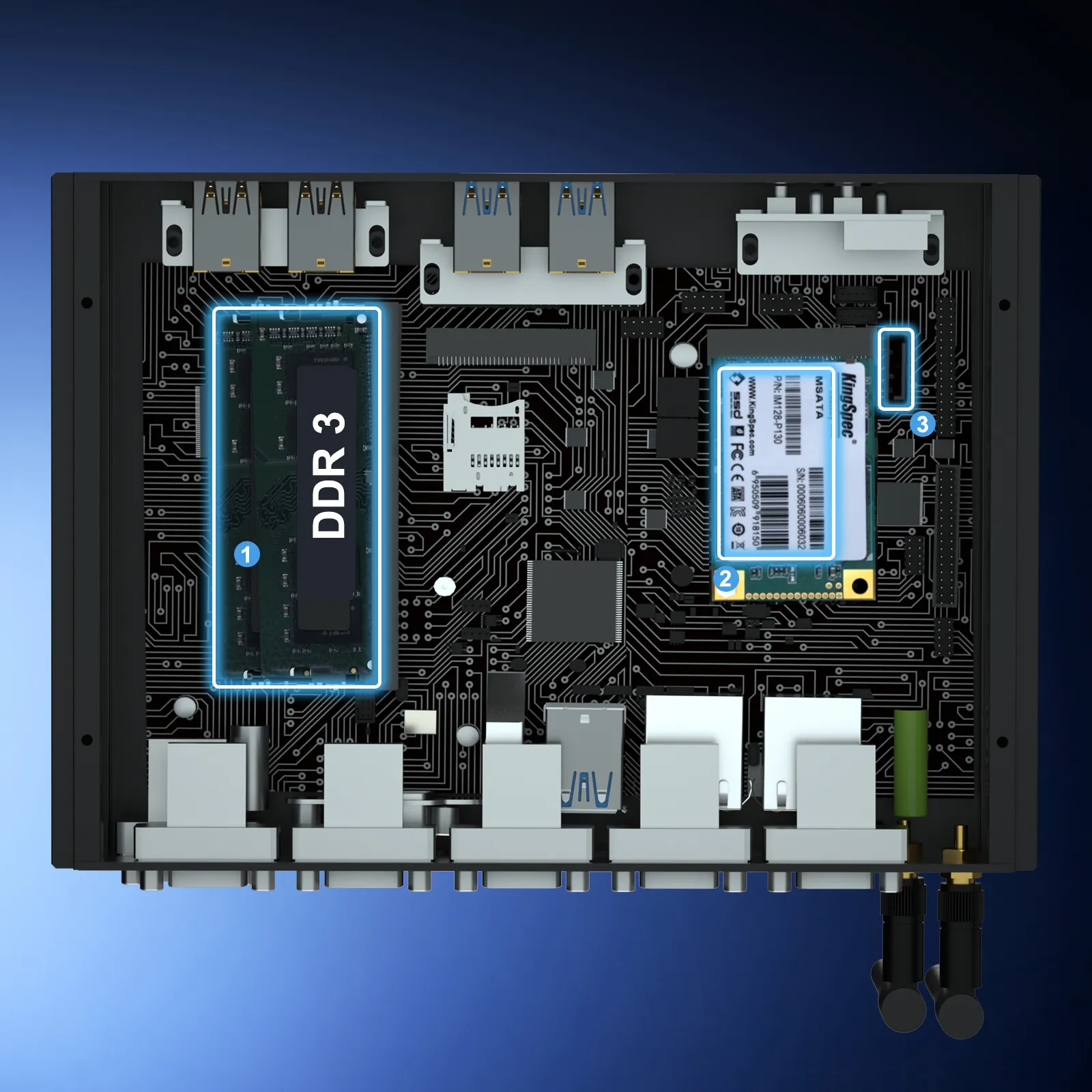 Hystou K4 industrial mini PC internal motherboard view highlighting 1 DDR3 memory slot, 1 mSATA SSD slot, and 1 Mini-PCIe expansion slot for hardware upgradability.