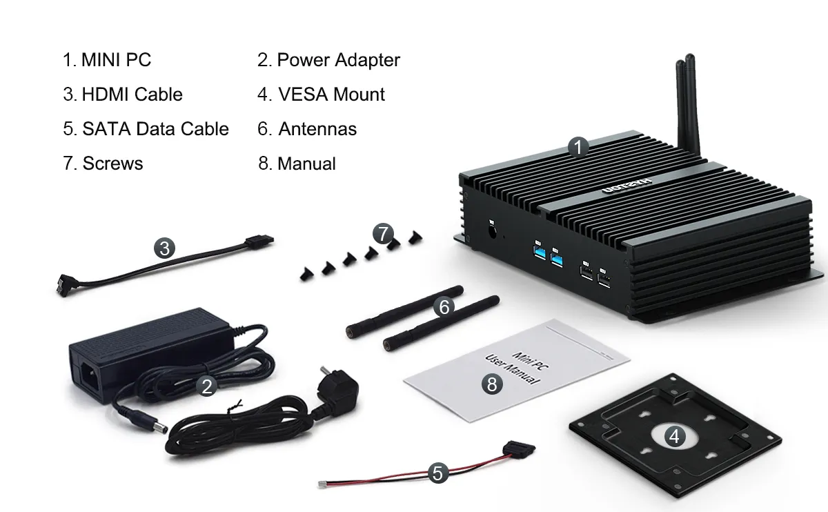 Hystou K4 mini PC package contents including the main unit, power adapter, HDMI cable, VESA mount, SATA data cable, antennas, screws, and user manual.