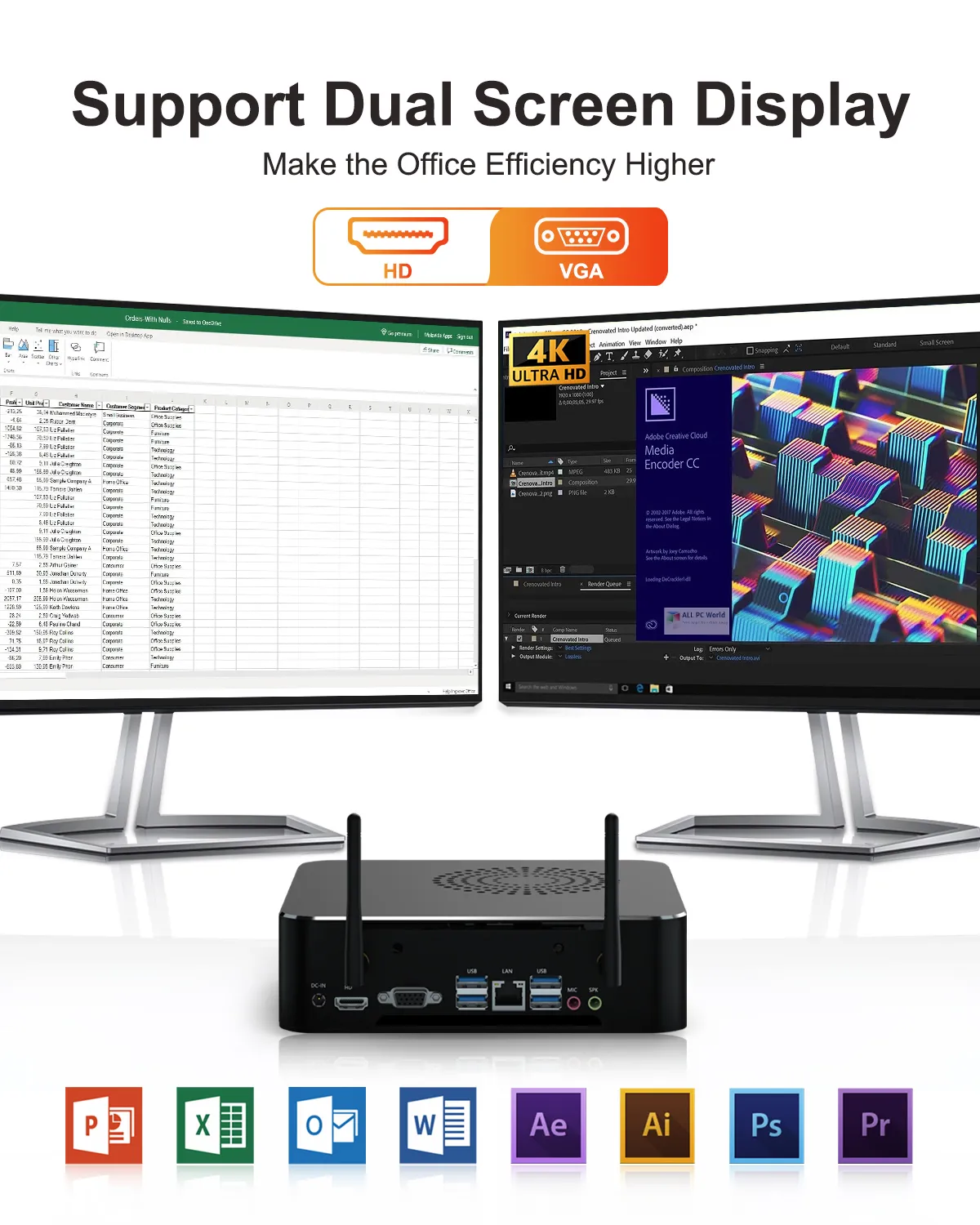 HYSTOU-M7 mini PC supporting dual monitor display via HDMI and VGA ports for multi-tasking productivity