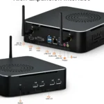 HYSTOU-M7 mini PC expansion ports diagram showing USB 3.2, USB 2.0, HDMI, VGA, and RJ45 LAN connectors