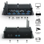 I/O interface diagram for industrial mini PC showing 6 COM RS232 ports and connectivity to POS, cameras, and printers.