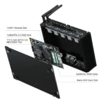 Exploded view of internal motherboard layout with mSATA, SATA 3.0, DDR3L RAM slots, and SIM card slot.
