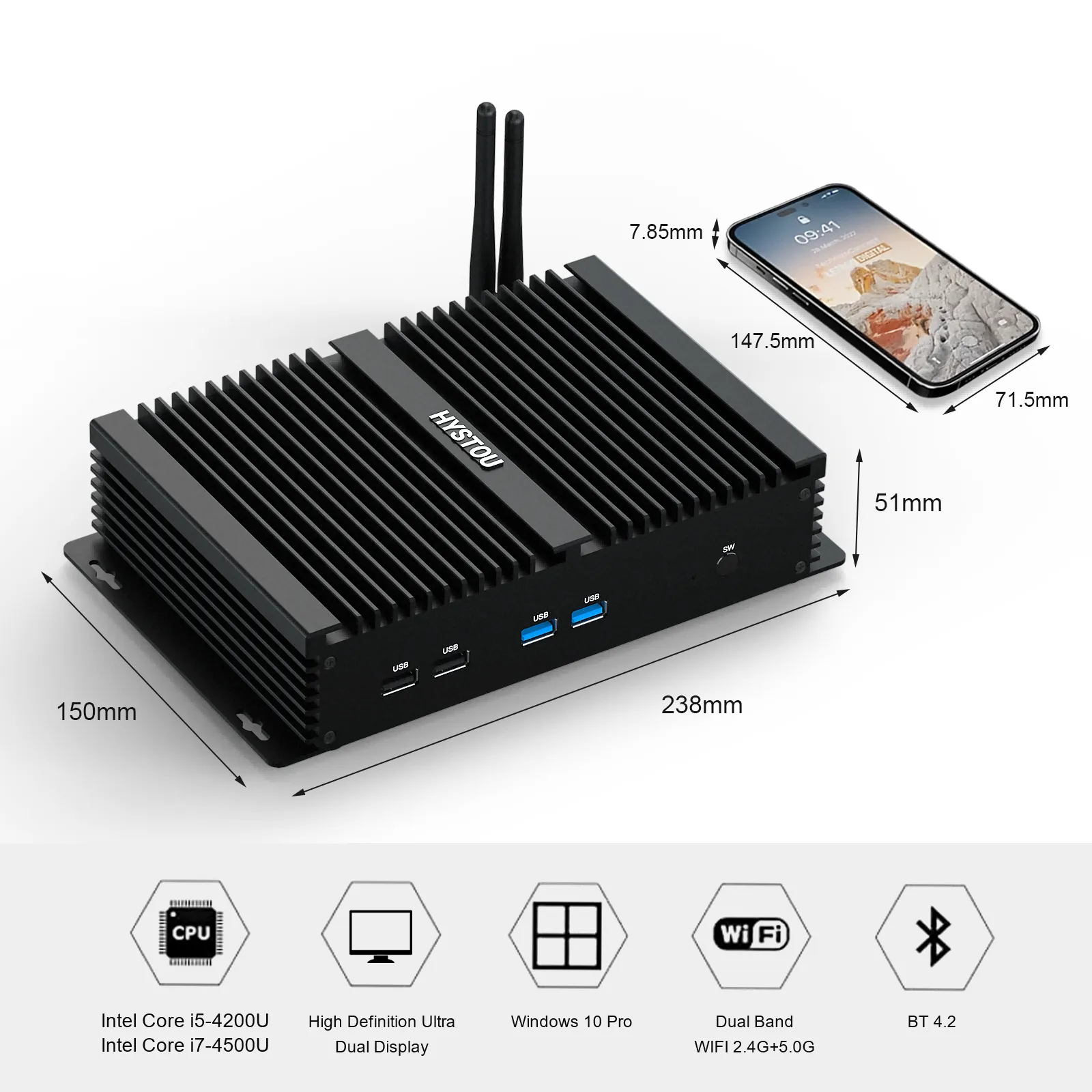 Compact dimensions and hardware specification list of K4 fanless industrial computer.