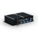 Rear interface view of K4 Plus fanless industrial mini PC with COM ports, LAN, HDMI, and VGA.
