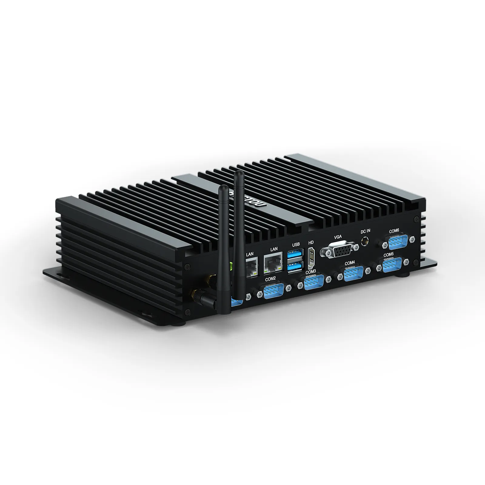 Rear interface view of K4 Plus fanless industrial mini PC with COM ports, LAN, HDMI, and VGA.