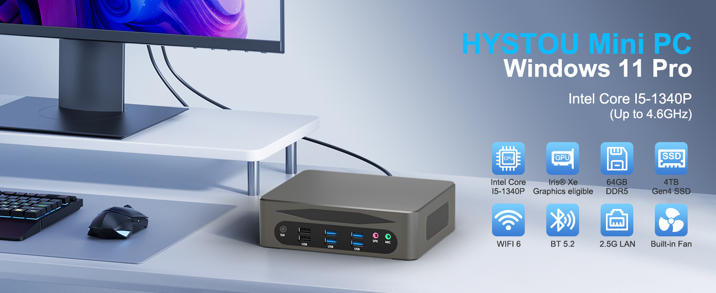 HYSTOU M9 Mini PC Intel Core i5-1340P 64GB DDR5 4TB SSD WiFi 6 8K Desktop Computer for Office & Home