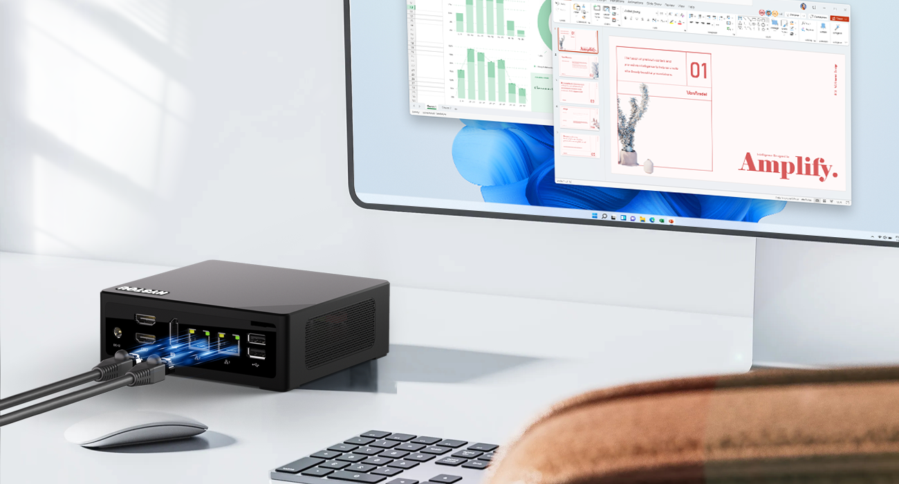 Compact Hystou N150 Mini PC setup on a modern office desk for space-saving productivity.