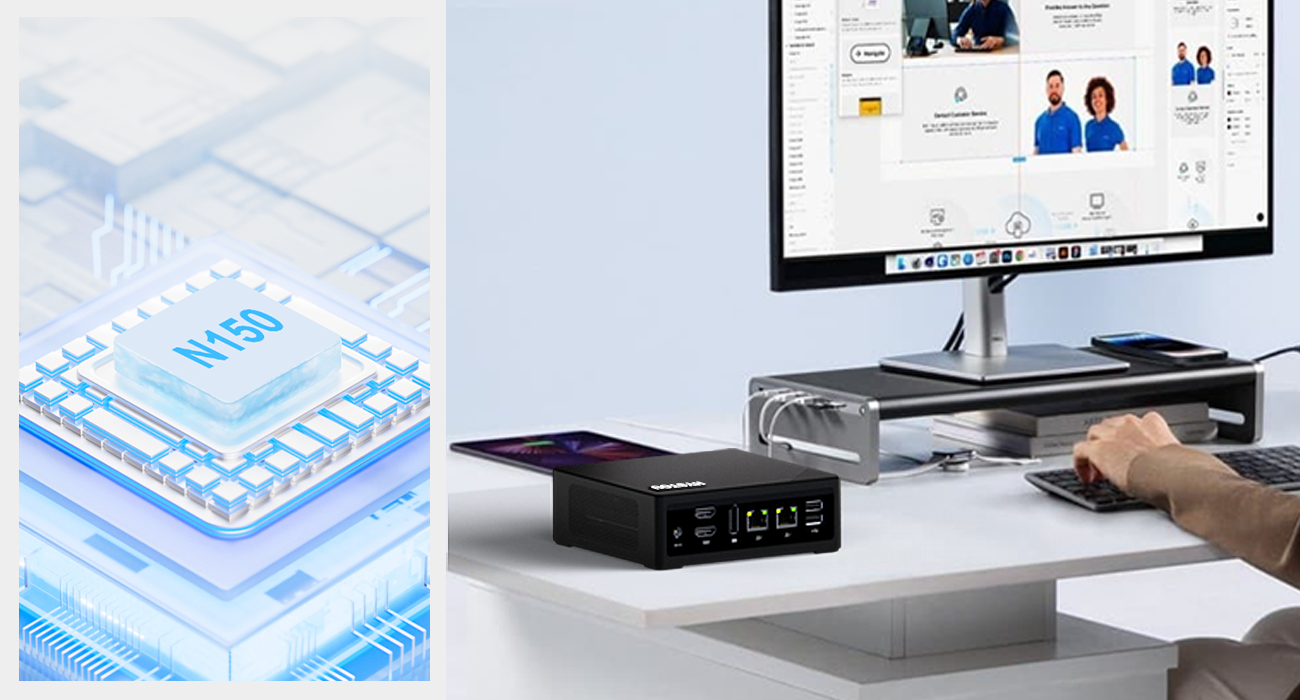 Detailed layout of Mini PC connectivity options featuring DC power, HDMI, LAN, and USB ports.