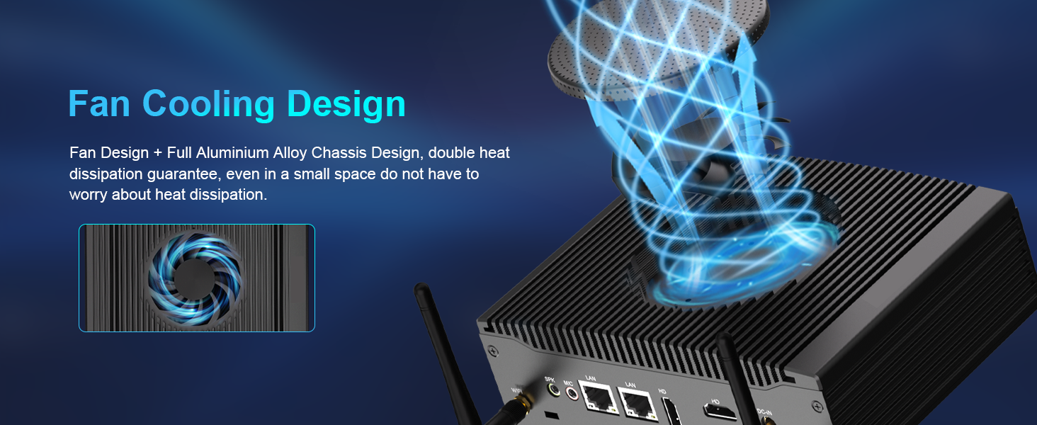 Fan Cooling Aluminum Chassis Mini PC Dual Heat Dissipation Design