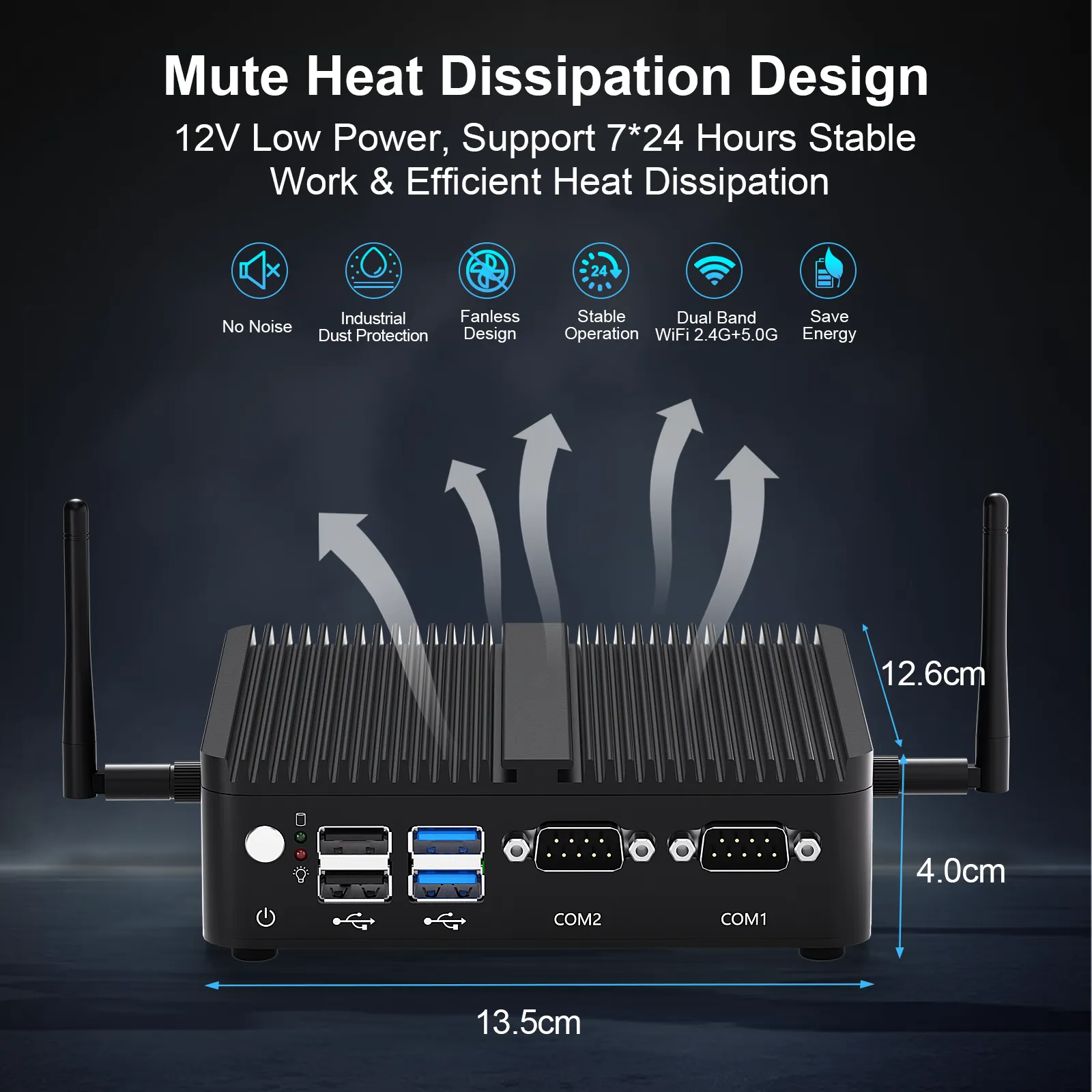 Fanless aluminum chassis of Hystou H3-N100 ensuring 0dB silent operation and 30W max low power consumption
