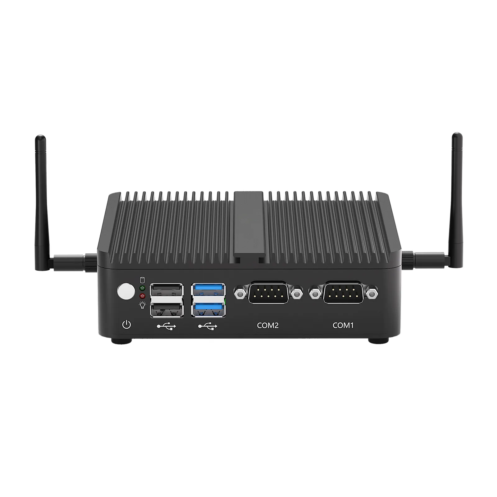 Front panel of Hystou H3-N100 industrial PC showing USB 3.0 and dual RS232 COM interfaces