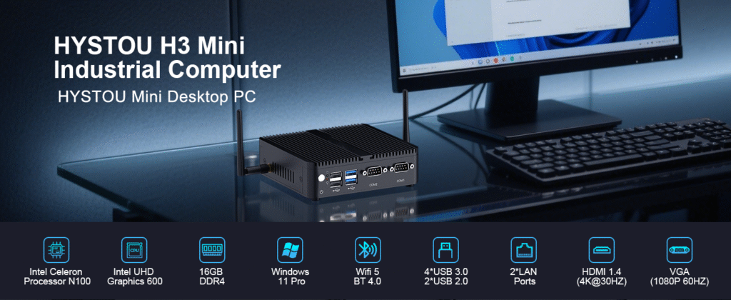 HYSTOU H3 Mini Industrial Computer with Intel Celeron N100 and Windows 11 Pro