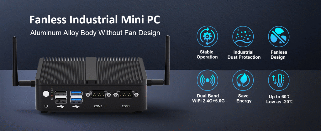 HYSTOU Fanless Industrial Mini PC with aluminum alloy body and stable operation features