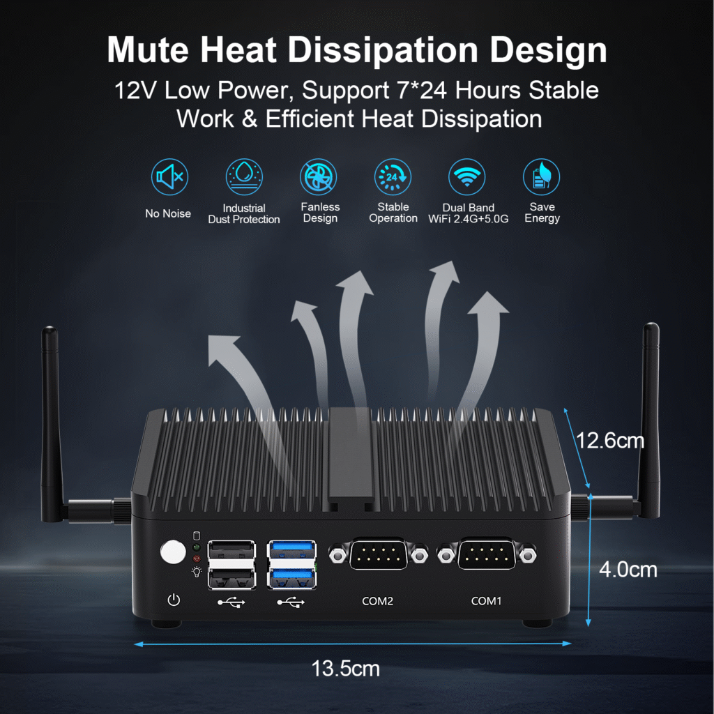 HYSTOU fanless industrial mini pc with mute heat dissipation design and 12V low power consumption