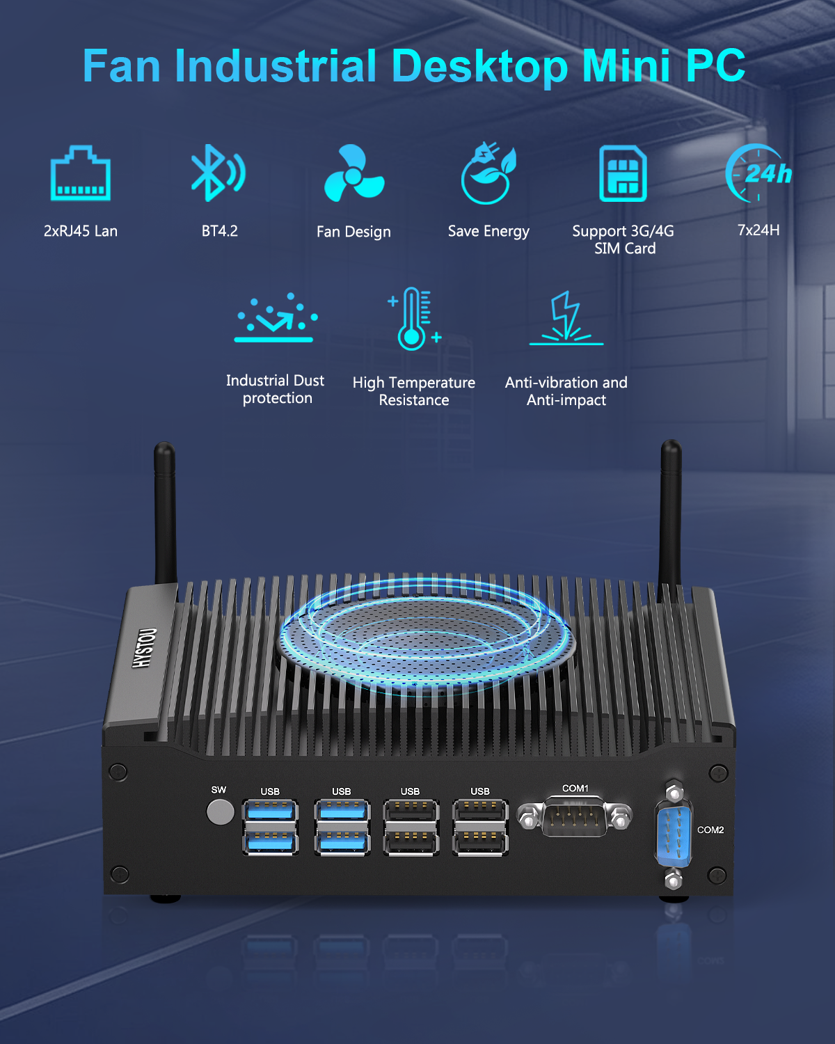 HYSTOU H7 Fan Version Industrial Mini PC 2xRJ45 BT4.2 Dustproof Anti-Vibration