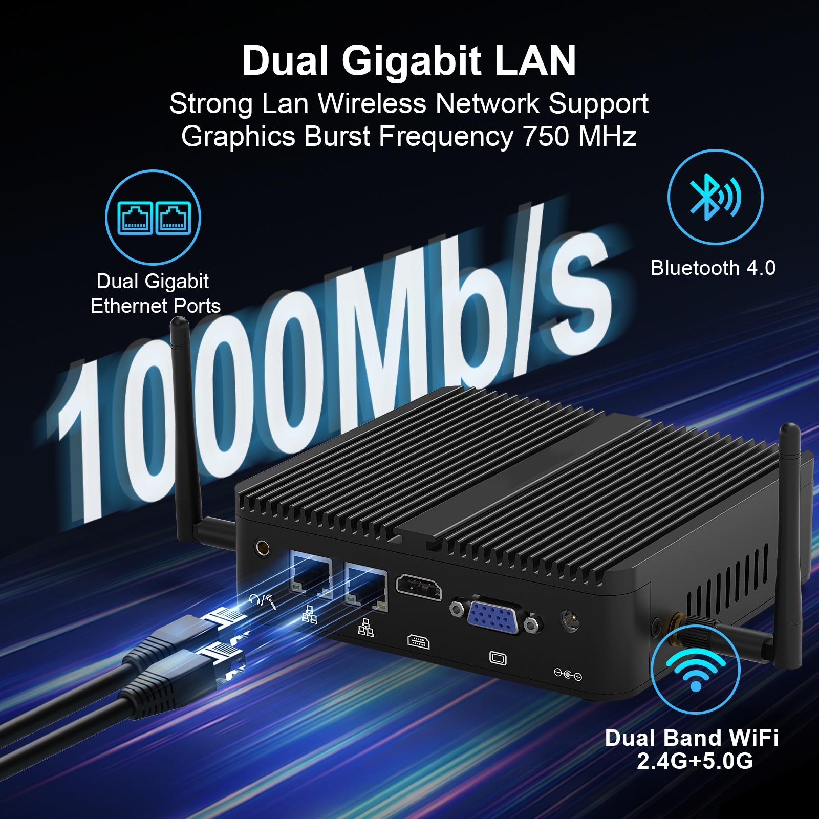 Hystou J5005 Fanless Mini PC featuring Dual Gigabit Ethernet LAN for stable network transmission