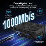 Hystou N100 Fanless Mini PC featuring Dual Gigabit Ethernet LAN for stable network transmission
