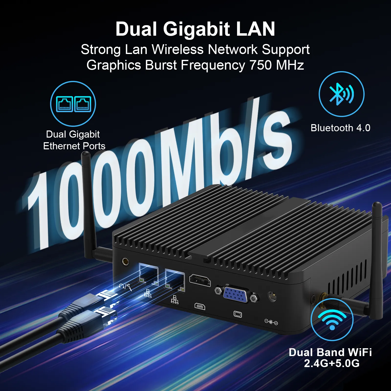 Hystou N100 Fanless Mini PC featuring Dual Gigabit Ethernet LAN for stable network transmission