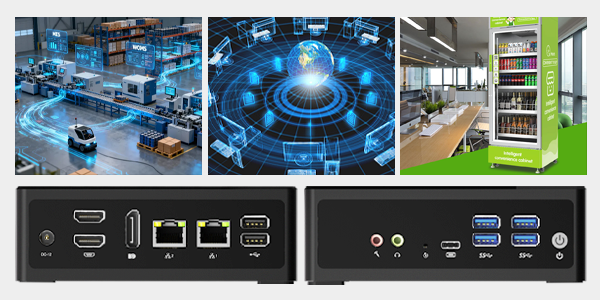 Industrial Mini PC usage scenarios in factory automation, IoT networks, and smart vending machines.
