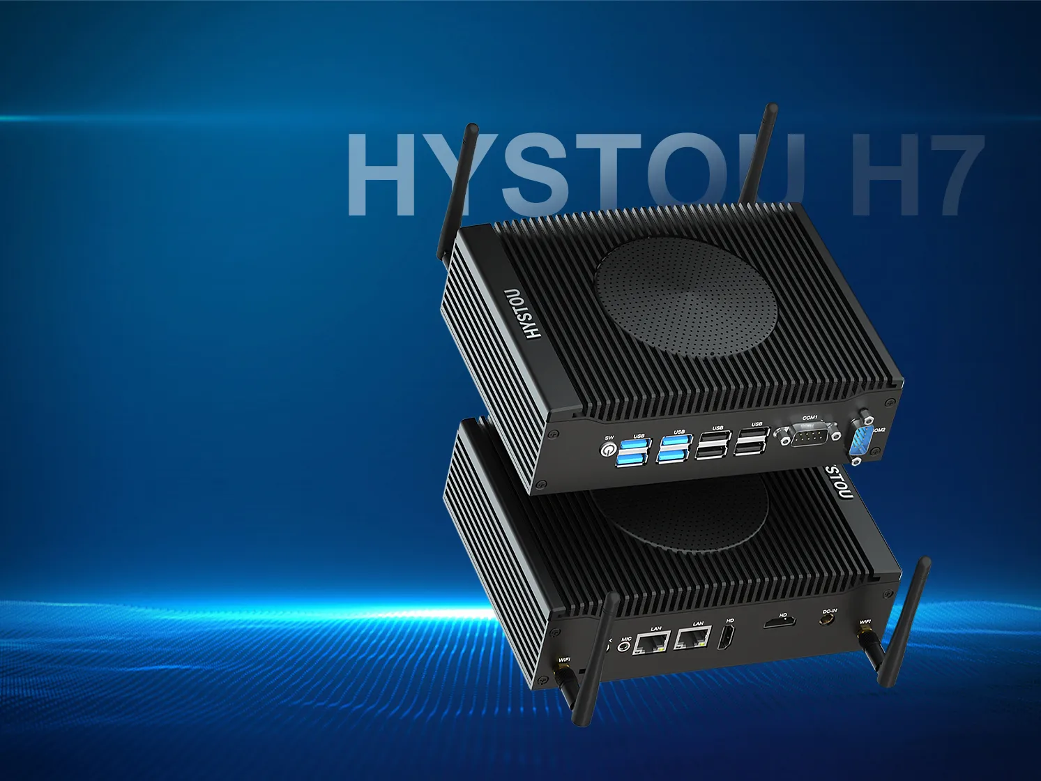 Hystou H7 12th Gen Fan Mini PC stacked showing front and rear I/O ports, dual Wi-Fi antennas, and industrial cooling design.