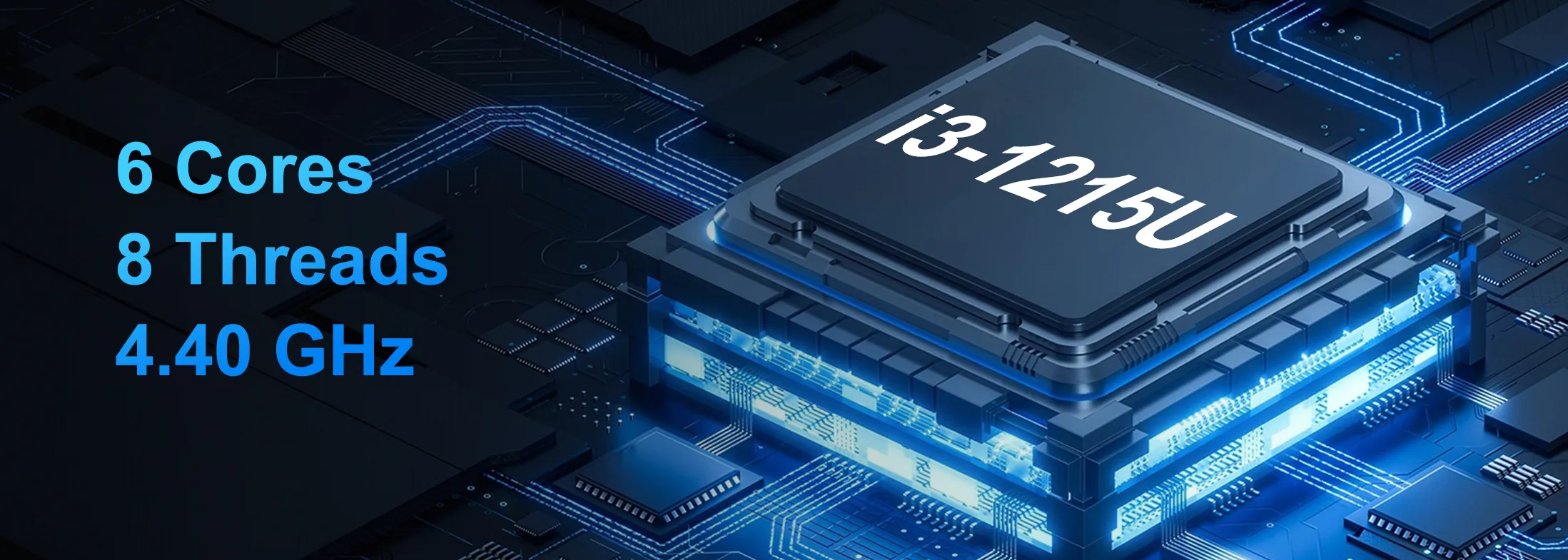 Hystou H7 mini PC powered by Intel Core i3-1215U processor, featuring 6 cores, 8 threads, and up to 4.40 GHz frequency.