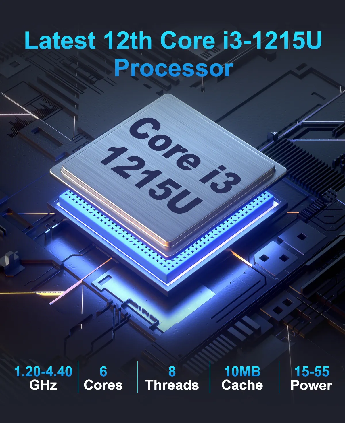 Hystou H7 mini PC powered by the latest 12th Gen Intel Core i3-1215U processor, featuring 1.20-4.40GHz frequency, 6 cores, 8 threads, 10MB cache, and 15-55W power.
