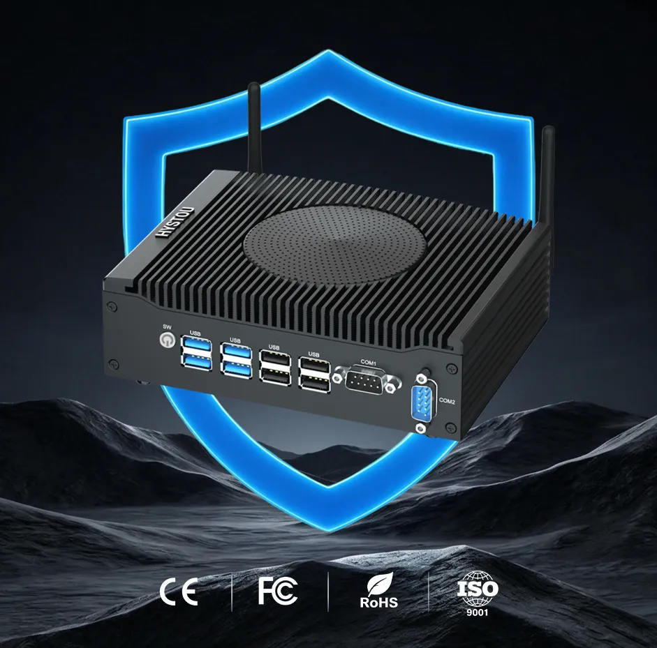 Hystou H7 fan-cooled mini computer featuring multiple I/O ports, backed by CE, FC, RoHS, and ISO 9001 certifications for industrial-grade quality assurance.