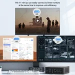 HYSTOU M2 mini PC supporting 4K triple UHD output. It easily connects to three monitors simultaneously via HD and DP ports to improve work efficiency, demonstrating seamless multitasking across office software and security surveillance feeds.